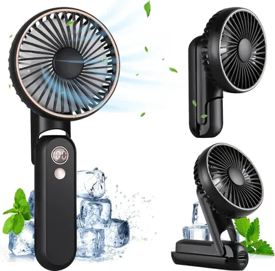 Collage of a black portable fan in various folded and unfolded positions, with ice cubes and mint leaves for visual appeal.