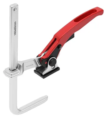Obrázek produktu pro Ráčnové svorky pro vodicí lištu – svorky na pilové lišty – rozpětí 160 mm, hloubka upnutí 60 mm, síla 220 kg, ocel 40Cr + ABS, sada 2 ks – červená/stříbrná