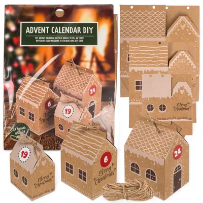 Adventskalender 24 Häuschen, 3 Größen, mit Zahlen & Juteschnur
