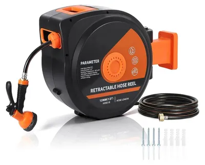 Immagine prodotto di Avvolgitubo da giardino - Montaggio a parete - Avvolgimento automatico - Tubo da 20 m - Ugello a 9 getti - Supporto orientabile a 180° - Robusto PVC - Nero