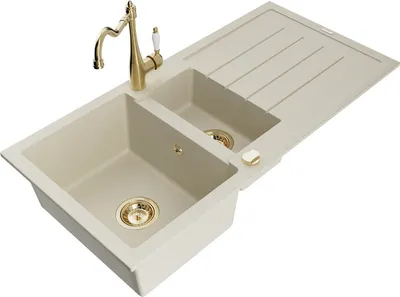 Produktbild von Mexen Andres 1,5-Becken-Granitspüle mit Abtropffläche und Mischbatterie Carla, Beige - 6515-69-670700-50