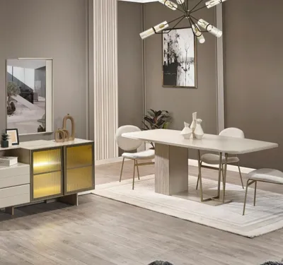 Obrázek produktu pro Bílá jídelní sestava jídelní kout Elegantní čalouněné židle Příborník