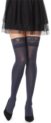 Image de Bas autofixants en microfibre 40 deniers pour femmes Bellivalini avec dentelle BLVFI1004 (bleu marine, XL)