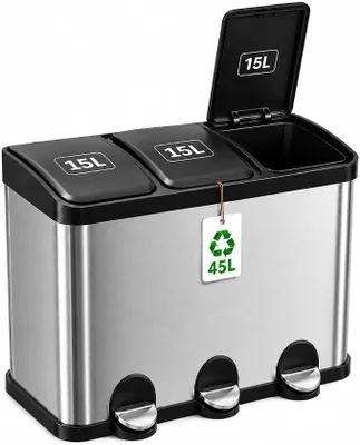 Productafbeelding van - Vuilnisbak met drie compartimenten en pedalen, 45 liter - Model RECIK3-3, met uitneembare compartimenten van 15 liter - Recyclingcontainer voor de keuken - Roestvrij staal - 60 x 37 x 49 cm - Zilver