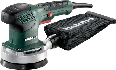 A Metabo SXE 3125 random orbital sander with a dust bag attached, shown against a white background.