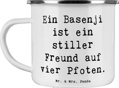 Produktbild von Mr. & Mrs. Panda Haferl Spruch Basenji Freund - Weiß - Geschenk, Campingbecher, Hunderasse, Hunderassen Charakter, Pott, Hundeliebhaber, intelligenter Hund, Emaille Tasse