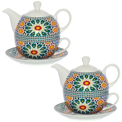 Immagine prodotto di Omgoods - Set di 2 tazze in porcellana con teiera e piattino, decorati con motivi colorati
