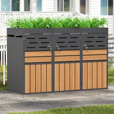 Produktbild von LVHOM Mülltonnenbox 3er Metall Holzoptik Mülltonnenverkleidung mit Pflanzkasten abschließbar Müllbox Müllschrank
