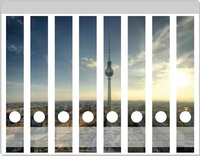 Produktbild von Wallario Ordnerrücken Sticker, selbstklebend für schmale Ordner, 8 Stück, Motiv Fernsehturm Berlin mit Panoramablick über die Stadt