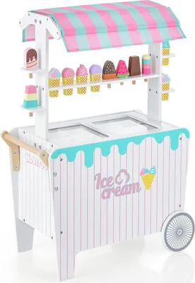 Image de COSTWAY Chariot à glace pour enfants avec 12 glaces, épicerie en bois avec 2 roues, poignée de poussée & baldaquin, chariot deavec espace de rangement & tablette pour enfants à partir de 3 ans