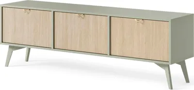 Produktbild von TV-Lowboard Silva 158 cm in Eukalyptus mit Scandi-Fischgrätenfront und goldenen Griffen – modernes TV-Board