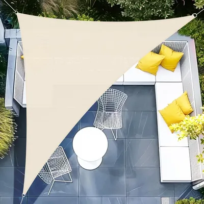 Image de Voile triangulaire d'ombrage, imperméable, dimensions 4x4x5,65 mètres, couleur kaki clair, protection UV 95%, polyester