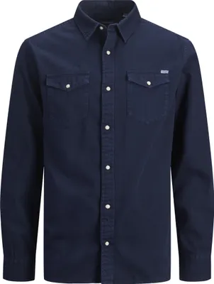 A studio shot of a navy blue men's long-sleeved shirt.
