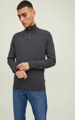 Produktbild von JACK & JONES Emil knit half zip slim fit, heren schipperstrui viscosemengsel met opstaande boord, donkergrijs melange
