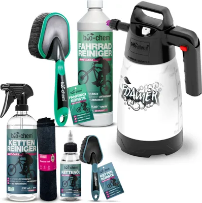 Produktbild von bio-chem Fahrrad-Reinigungsset PREMIUM 7-teilig – Gründliche & materialschonende Pflege: Fahrradreiniger 1000 ml + Kettenreiniger 750 ml + Kettenöl 100 ml + Schaumsprüher + 2 Reinigungsbürsten + Tuch