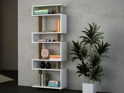 A modern white bookshelf with walnut accents is displayed against a textured gray wall, with a large green plant in a white pot to the right.
