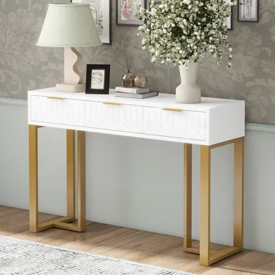 Produktbild von MODFU Konsolentisch mit 3 Schubladen, verstellbaren Fußpolstern und Griffen,120*36*80cm, Weiß+Gold