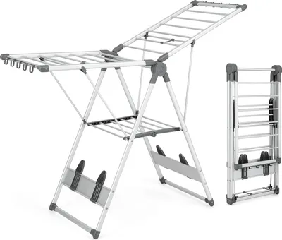 Produktbild von Klappbarer Wäscheständer, 2-lagiger platzsparender Aluminium-Wäscheständer mit verstellbaren Flügeln, 21 Trocknungsschienen, 10 Seitenspangen, Silber