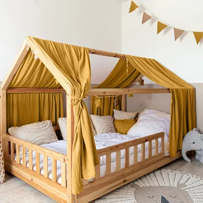 Image de Ciel de lit cabane 135x320 cm jaune moutarde sans applique dorée - 2 pans de tissu