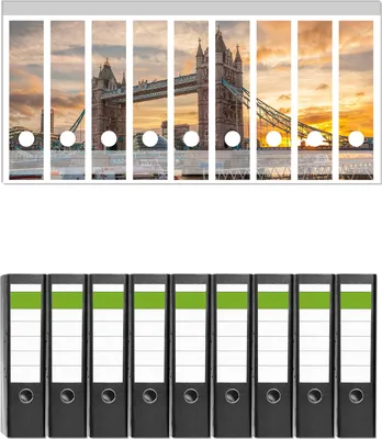 Produktbild von Wallario 9 Stück breite Ordner inkl. Klebeetiketten mit Motive Tower Bridge - London bei Sonnenuntergang -  Set mit Rückenschildern / Ordnerrücken Stickern