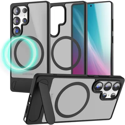 Produktbild von NALIA Magnet-Case für Samsung Galaxy S25 Ultra – Klappständer & Kameraschutz – TRITON (Matt-Transparent & Hybrid) – Marke aus Berlin – Titan Schwarz