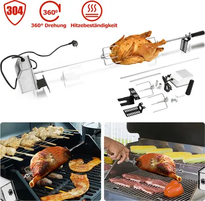 Obrázek produktu pro Fiqops sada nerezových špízů 107 cm univerzální vhodná pro plynový gril s 2x jehlou na maso grilovací svorkou, rukojetí a motorem Elektrický otočný špíz 220V - 240V stříbrný
