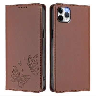 Produktbild von Lederhülle für iPhone 11 Pro Max, Schmetterling Prägung Leder Brieftasche Schutzhülle mit Ständer Braun