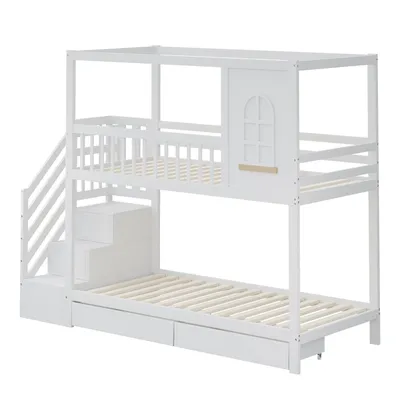 Produktbild von Etagenbett Massivholz Hausoptik Fenster Sicherheitsleiter Schubladen Stauraum Sicherheitsgitter 90 x 200 cm Weiß