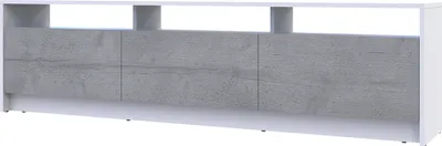 A white and gray TV stand with three cabinet doors.