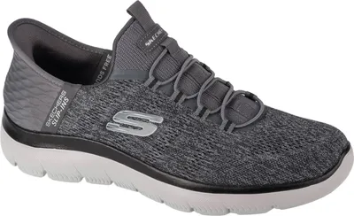 A single gray Skechers slip-on shoe is shown against a white background.