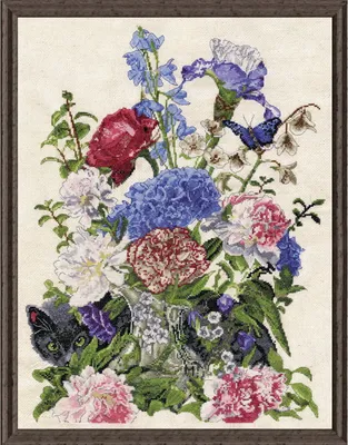 Obrázok produktu pre Súprava na vyšívanie krížikom "Kytica kvetov s mačkou", počítaný vzor, 36x48cm
