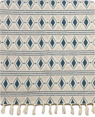 Imagen del producto de Uniqoos® Cubrecama (Gran Foulard) – Algodón, 160x250 cm, color crema con estampado petrolado, tejido, con flecos en los lados cortos, estilo bohemio