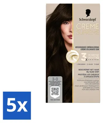 Zdjęcie produktu dla 5 sztuk farby do włosów Schwarzkopf Creme Supreme 3-0, naturalny, bardzo ciemny brąz, 245g - zestaw ekonomiczny
