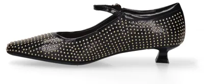Image de Chaussures pour femmes à talons bas, en cuir véritable, de couleur noire avec des détails dorés