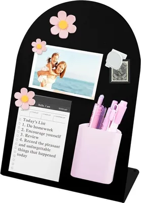 Produktbild von Magnetisches Notizboard, groß, 20x10x28 cm, schwarz, mit 3 Blumen-Magneten, Stifthalter, Magnetklammer und 50 Haftnotizen – ideal für Zuhause, Büro