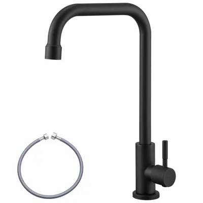 A black kitchen faucet with a flexible hose.