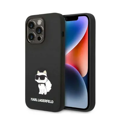 A black iPhone case with a cartoon cat illustration and brand name is shown against a white background.