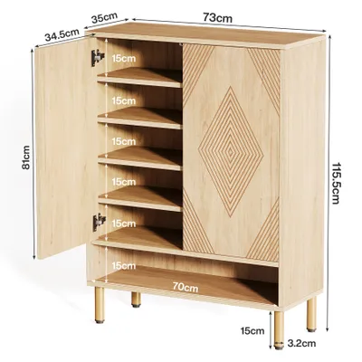 Image de Armoire à chaussures Tribesigns à 2 portes, 73 x 35 x 115 cm, armoire à chaussures avec cadre métallique doré, étagère à chaussures étroite, étagère à chaussures à 6 niveaux pour 25 paires de chaussures
