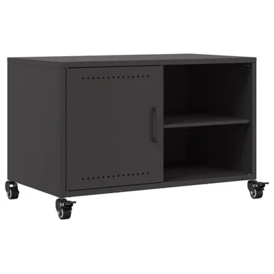A dark gray metal cabinet with a sliding door and open shelving, mounted on wheels.