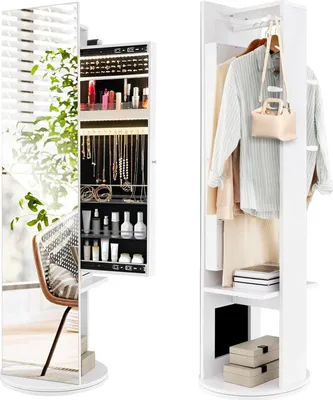 Produktbild von GOPLUS Schmuckschrank mit Spiegel, drehbarer Spiegelschrank mit LED-Lichtern, Schmuckspiegel mit Ablagen, Schmuckaufbewahrung, Weiß