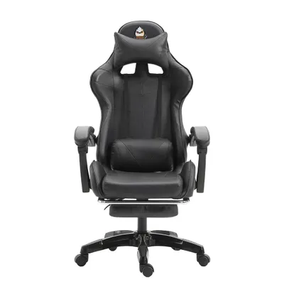 A black gaming chair with a headrest and lumbar pillow, shown from the front on a white background.