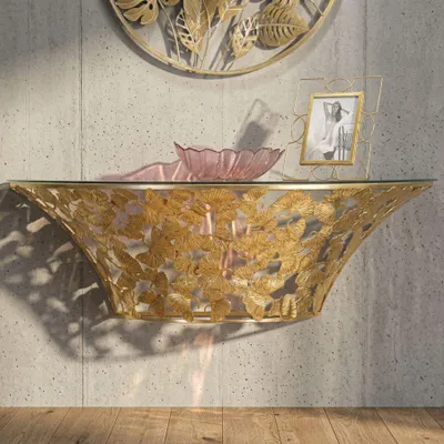 Image de Table console suspendue en métal doré, avec plateaux extensibles, dimensions : 120 x 40,5 x 37,2 cm