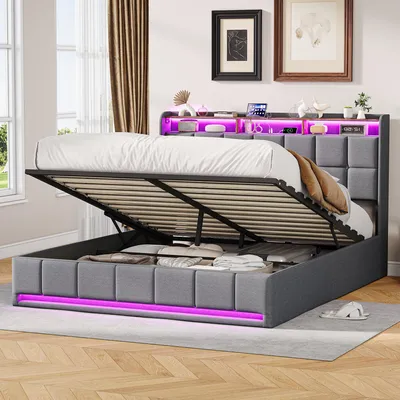 Obrázek produktu pro Postel Moonbite s čalouněnou konstrukcí, rozměry 160x200 cm, šedá barva, vzhled lněného materiálu – velký hydraulický úložný prostor, otevřené úložné prostory v čele postele, LED osvětlení