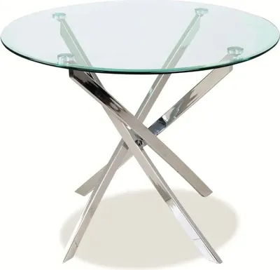 A clear studio shot of a round glass-top table with a chrome base.