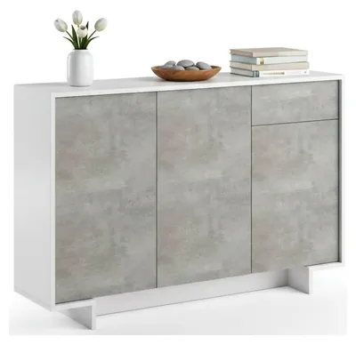 Produktbild von Sideboard Dbakayok, Wohnzimmer-Sideboard, Wohnzimmer-Buffet mit 3 Türen und 1 Schublade, 100 % Italy, 134 x 35 x 87 cm, Weiß und Zement