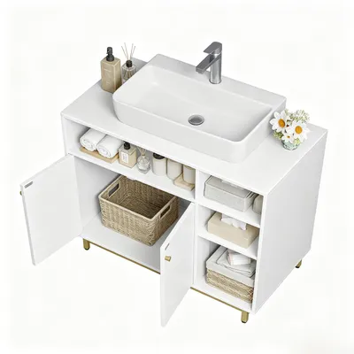 Produktbild von Katzenschrank, 80 x 45 x 65 cm Katzenklo Schrank, Weiß und Gold | mit Speicherfunktion, Waschbeckenunterschrank, Versteckt Katzentoilette