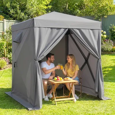 Produktbild von Pop-Up Pavillon Faltpavillon mit 4 Mesh-Seitenteilen, Kuppelzelt Gartenpavillon Oxfordstoff Fiberglas, Dunkelgrau | 185x185x205 cm | UV30+ | 7,5 kg