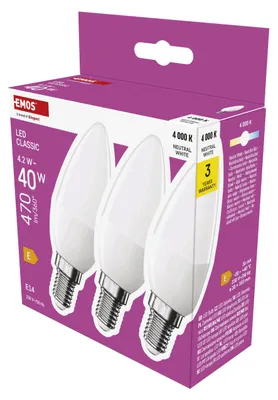 Produktbild von EMOS LED Lampe Candle 3er Pack, 4,2W Ersatz für 40W Glühbirne, Kerzenlampe mit E
