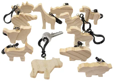 Produktbild von EDUPLAY 210-074 Holzfiguren verschiedene Tiere Schlüsselanhänger ca. 5 x 9,5 x 0,8 cm, natur, 12-teilig (1 Set)