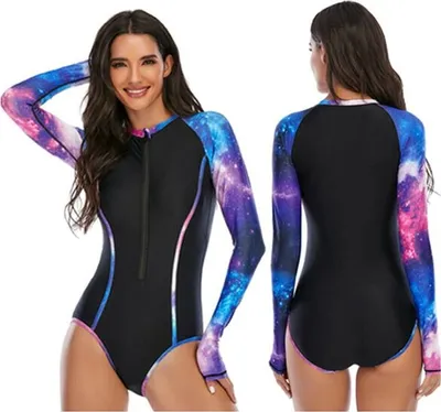 Produktbild von Topchances Damen Badeanzug, Langärmlig Rashguard Sportlich Surfen Schwimmanzug Tankini Swimsuit, LSF 50+,Schwarz,Größe-XL